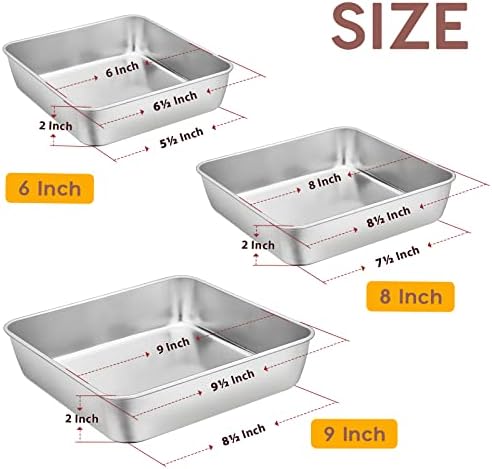 6/8/9-Inch Square Cake Pan Set, E-far Stainless Steel Square Baking
