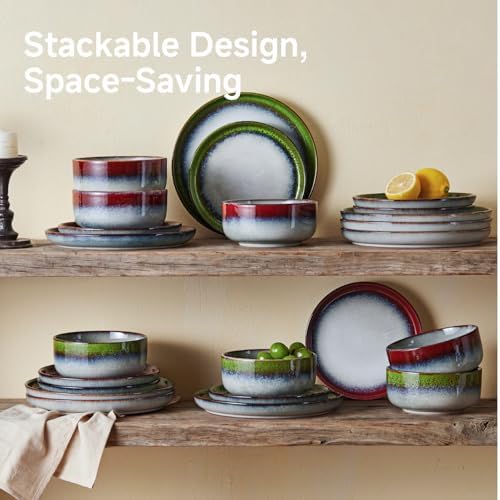 KINGSTONE Stoneware Dinnerware Sets for 8, Reactive Glaze, Kiln-Fired Red