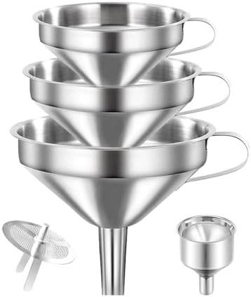 4 Pack Stainless Steel Funnels for Kitchen Use with Removable Strainer