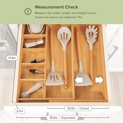 KitchenEdge Utensil & Junk Drawer Organizer | Natural Bamboo, 10.5-19