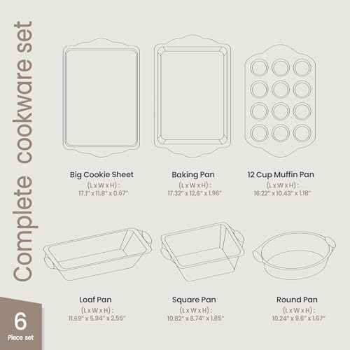 BAKKENMASTER Baking Set – 6 Piece Kitchen Oven Bakeware Set – Deluxe Non-Stick Black Coating Inside and Outside – Carbon Steel – Red Silicone Handles – PFOA PFOS and PTFE Free by Bakken
