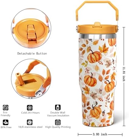 30oz Fall Pumpkin Flip Tumbler with Handle lid and Straw,Fall Coffee