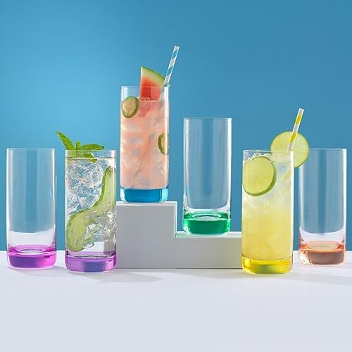 JoyJolt Hue Highball Glasses Set of 6 Tall Drinking Glasses, 13oz