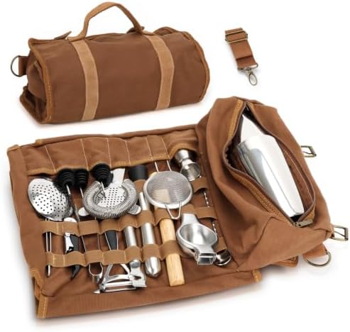 Portable Bartender Kit with Canvas Roll-Up Bag, Complete Cocktail