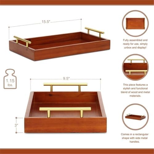Pemberly Row Coran Rectangular Wood Tray, Handcrafted Design with Gold