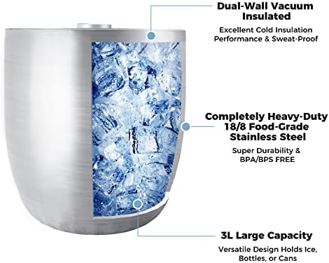 Tiken 3L Double-Wall Vacuum Insulated Ice Bucket with Lid & Tong