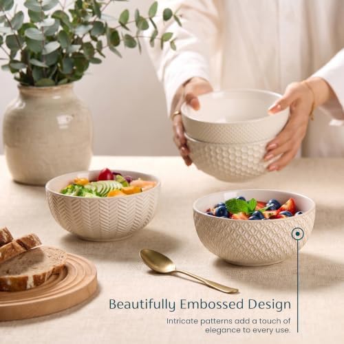 KooK Ceramic Soup Bowls, Embossed, Oven Safe, 24 oz, Set of 4, Ivory