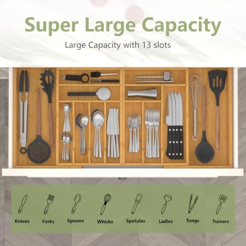 Suli Extra Large Silverware Drawer Organizer,Expandable 22in to 37in,Bamboo