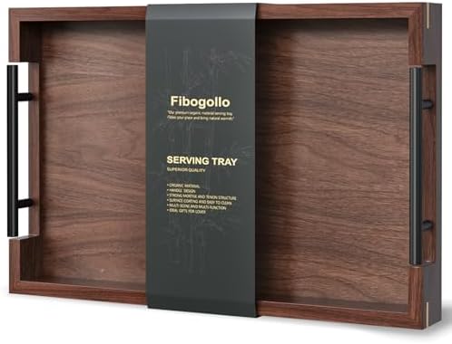 Fibogollo Walnut Wood Serving Trays with Metal Handles(Medium)