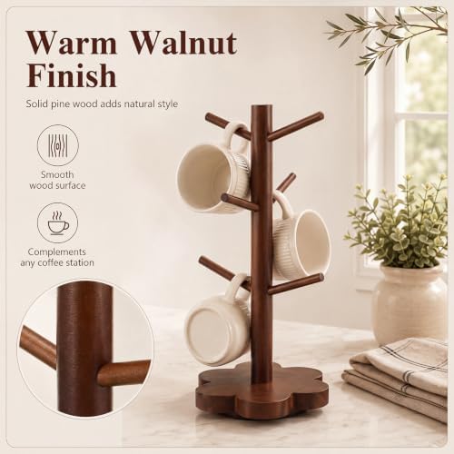 Mifoci 360° Rotating Mug Holder Tree, 6 Hooks Rustic Coffee Cup Holder