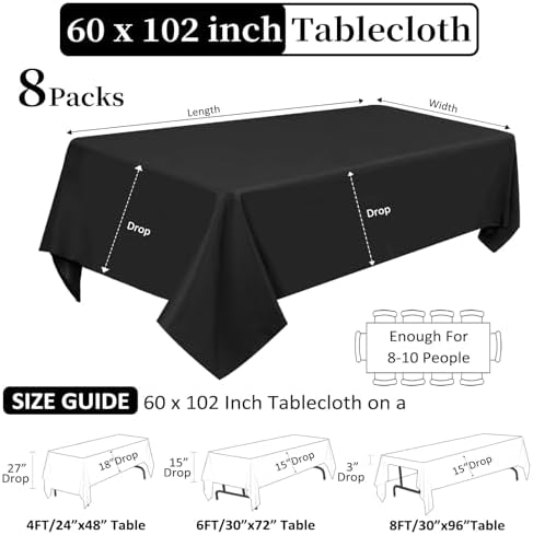 8 Pack Black Tablecloths Rectangle 60 x 102 Inch for 6 Foot Tables