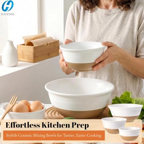 HASENSE Ceramic Serving Bowls, Large Salad Pasta Mixing Bowls Set