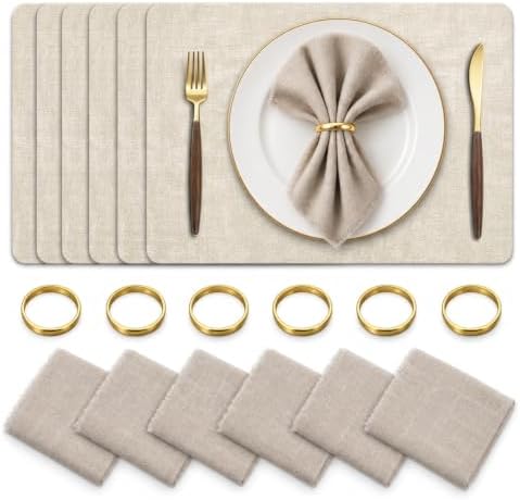 Placemats Set of 6 with Napkins and Rings - Washable Faux Leather