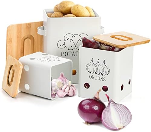 WUWEOT 3 Pack Vegetable Storage Tins, Metal Onion Garlic Potato Jars