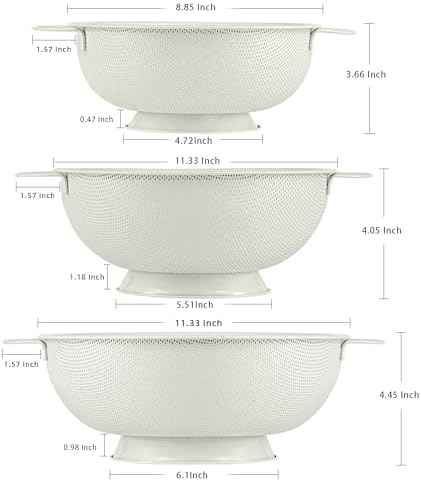 Stainless Steel Colander 3 Piece,Metal Strainer Basket with Solid Base and Handles for Kitchen Food,Pasta, Noodles, Vegetables and Fruits,Powder Coated,BPA Free,Dishwasher Safe,2 & 3 & 4.5 Qt (Cream)
