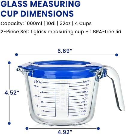 Glass Measuring Cup, 4 Cup Measuring Cup with Lid, High Borosilicate