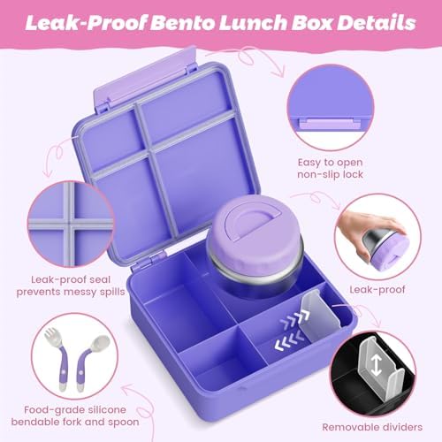 Kids Bento Lunch Box with Thermos, Leakproof Toddler Bento Box with