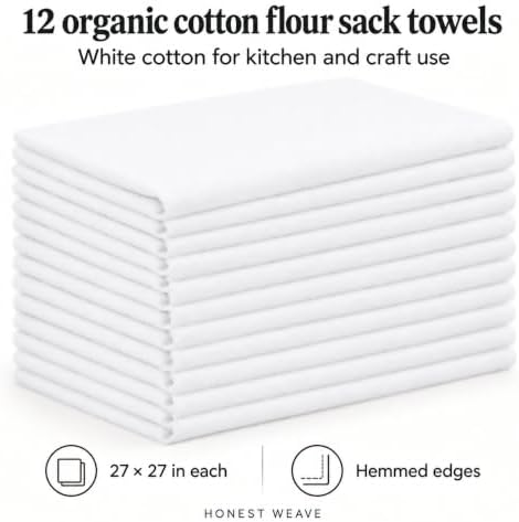 HONEST WEAVE Organic Cotton Flour Sack Towels, White, 12-Pack, 27x27