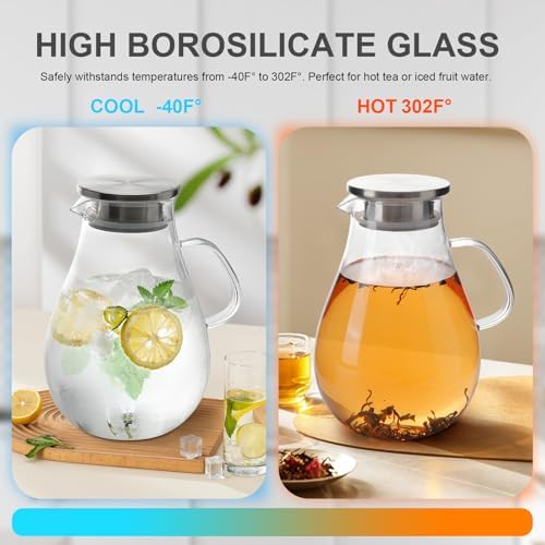 Glass Pitcher with Lid, 1 Gallon / 128oz Glass Water Jug for Hot and