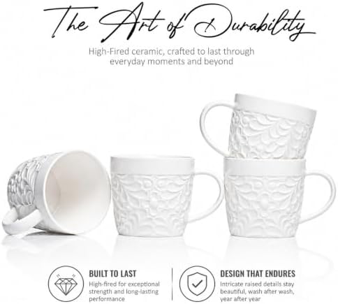 16 Oz Ceramic Coffee Mugs Set of 4, Rustic Embossed Nature Design
