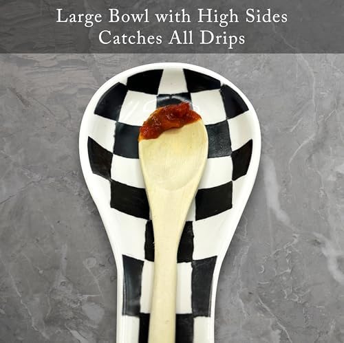 BIEN BEAU Ceramic Spoon Rest, Checkered Utensil Holder, Black White