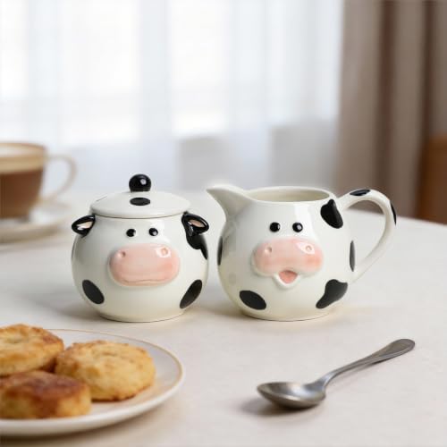 WAIT FLY Funny Cow Ceramic Creamer and Sugar Bowl Set, Cream Pitcher