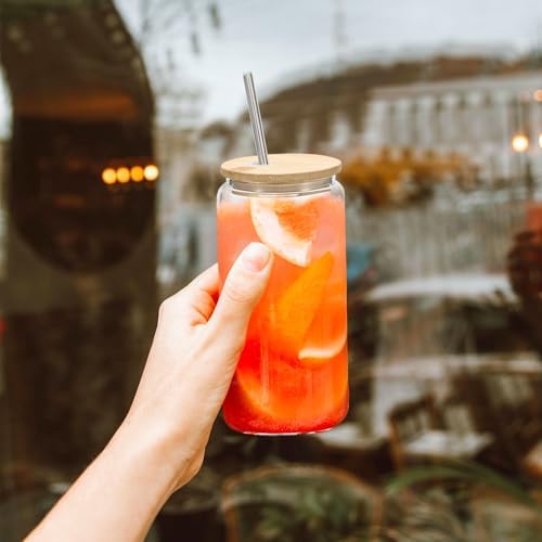 YOUKE OLA 20 Pack Glass Cups with Bamboo Lids and Metal Straw Can