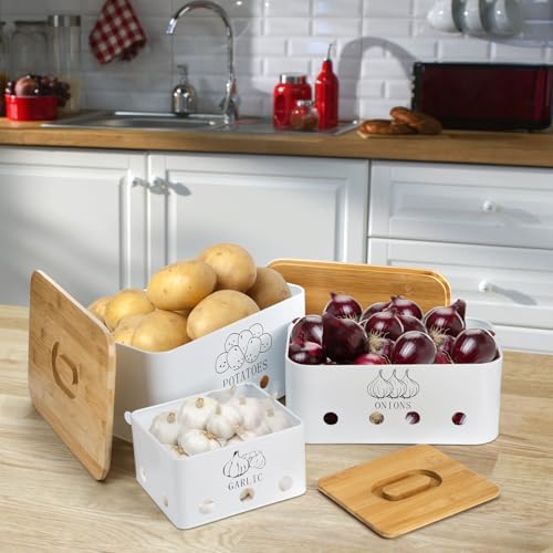3 Pack Potato Onion Garlic Storage Set, Bamboo Lids