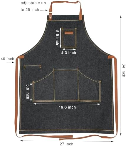 Black Kitchen Apron with Pockets & Towel Loop for Men Women, Denim