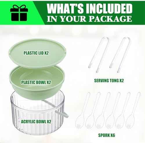 Hushee 2 Pack Chilled Dip Bowl 30oz Ice Serving Bowl with Lid Chilled Dip Bowl for Parties Cold Serving Dish with 2 Serving Tongs 6 Spoons for Hummus, Chilled Pasta, Potato, Dressing, Fruit, Salsa