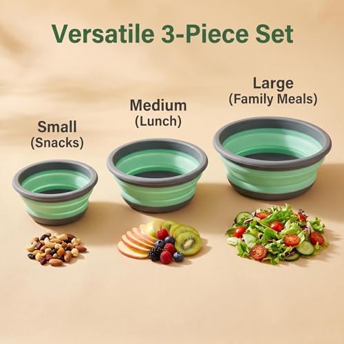 Collapsible Silicone Bowls with Lids, 3 Pack Food Grade Foldable