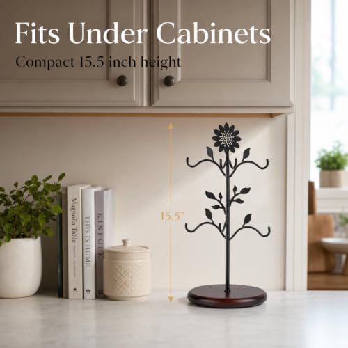 WARMEST SPIRIT Sunflower Coffee Mug Tree, Decorative 6-Hook Black