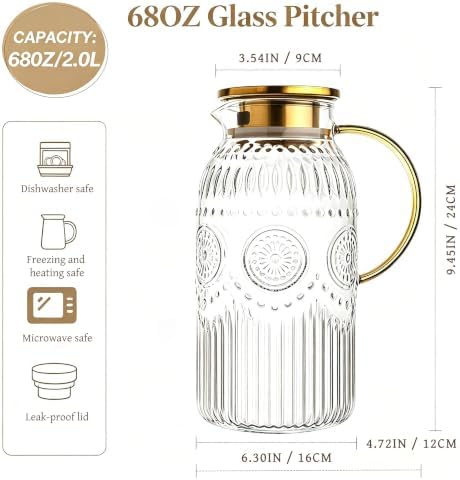 Amzcku Glass Pitcher with Lid 68oz 2L Vintage Water Carafe Beverage