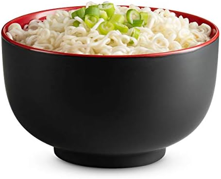 KooK Ceramic Japanese Noodle Bowl Set, 34 oz, Set of 4, Black/Red