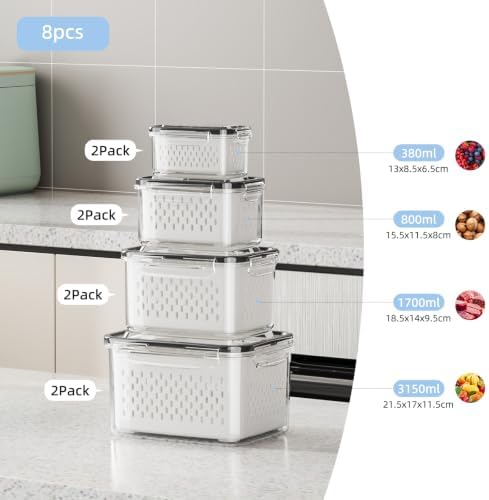 8 Pack Fruit Storage Containers for Fridge with Removable Colanders