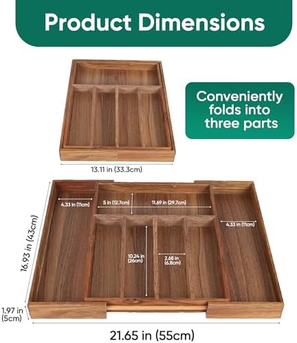Acacia Wood Silverware Organizer, 7-Compartment Expandable Drawer Tray