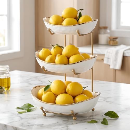YYW 3 Tier Fruit Bowl for Kitchen Counter, White Ceramic Fruit Basket for Countertop, Home Fruit Stand with Metal Holder, Vegetable Bowl Snacks Nuts Bread Candy Storage (Gold 3-layer)