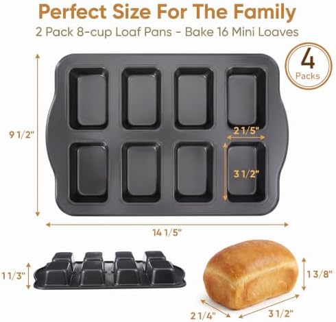 4Pcs Mini Loaf Baking Pans 8-Cavity, Nonstick Small Cornbread Pan