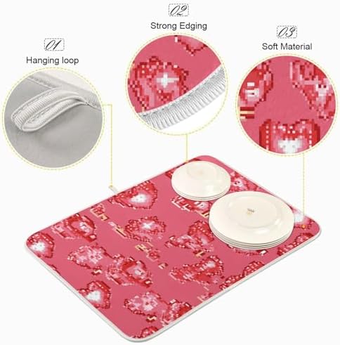 OTVEE Cute Pixel Hearts Galore Dish Drying Mat for Kitchen Counter