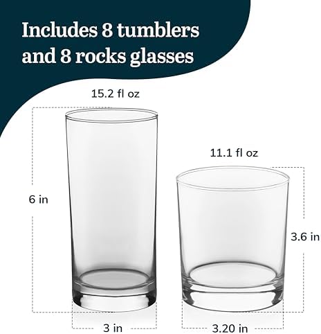 Libbey Province Tumbler & Rocks Drinking Glasses Set of 16, Tall Glass