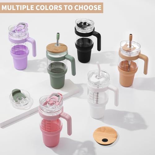Chunmo 40 oz Glass Tumbler with 2 Lids - Bamboo Straw Lid & 2-in-1 Sip