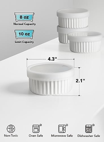 LE TAUCI Ramekins with Silicone Lids, 8 oz Ceramic Souffle Dishes