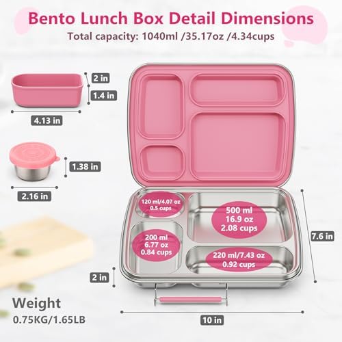 Stainless Steel Bento Lunch Box, 4 Compartments, Pink