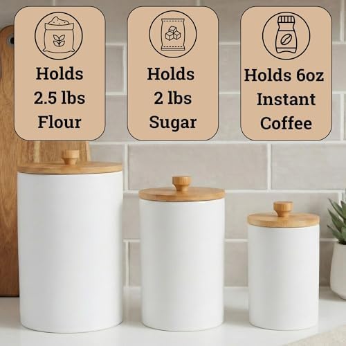 Ceramic Kitchen Canisters for Countertop Set of 3 w/ Airtight Bamboo