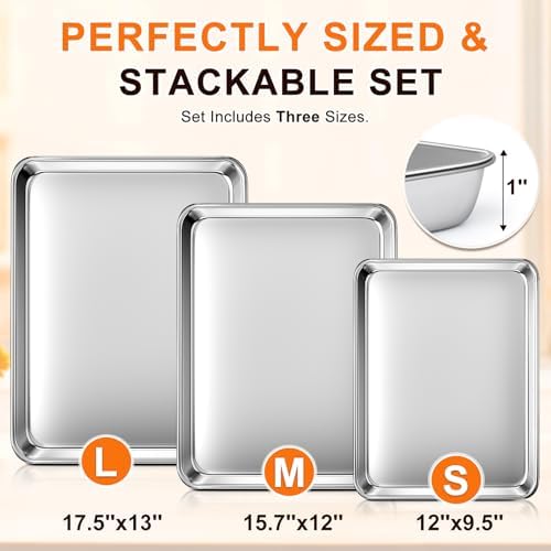 Baking Sheet Set of 3, Commercial Grade Stainless Steel Cookie Sheets