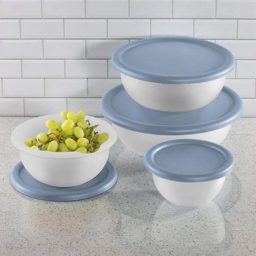 Sterilite Covered Mixing Bowl Set, Nesting Plastic, Washed Blue