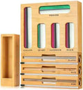 9 in 1 Storage Bag Organizer for Kitchen Drawer, Bamboo Foil and Plastic Wrap Dispenser with Cutter, Food Storage Bag Organizer for Quart, Gallon, Sandwich & Snack Bags, Aluminum Foil Organizer