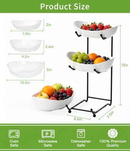 Ceramic Fruit Bowl for Kitchen Counter - 3 Tier Modern Fruit Basket Fruit Rack with Metal Stand, Tiered Fruit Stand for Snacks, Candy, Bread (Black)