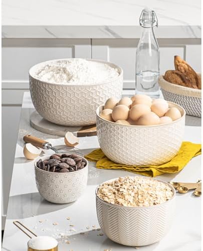 Ceramic Mixing Bowls, Embossed Nesting Bowls Set of 4, Mixing Bowl Set