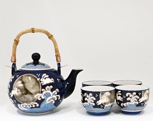 Japanese Folklore Moon Rabbit Wave Design Porcelain Tea Set with